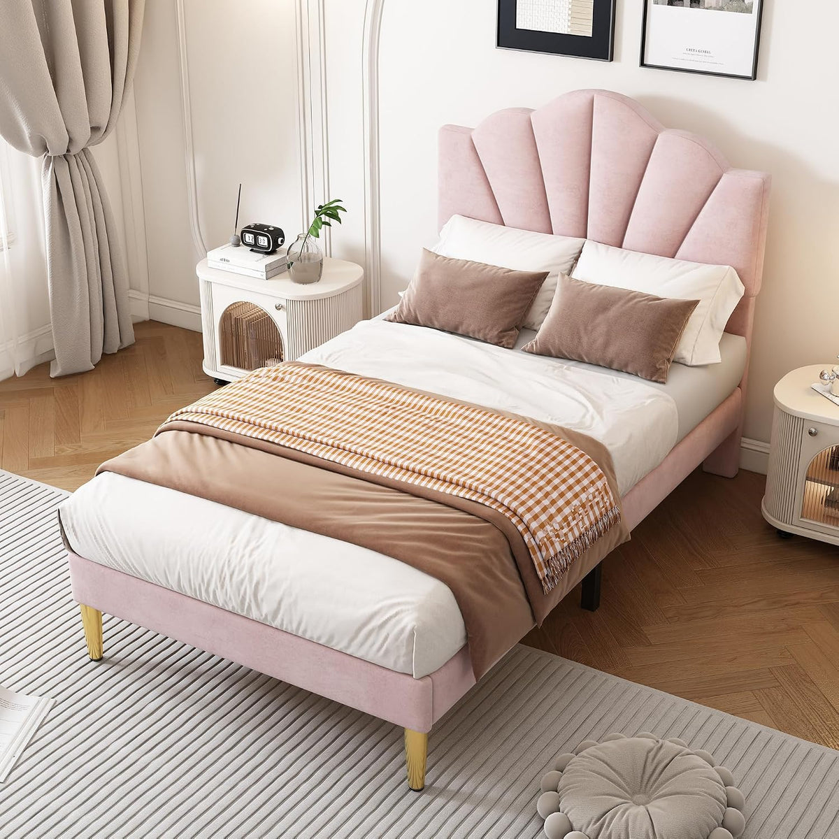 Ctastay Bett, 90x200 cm, Rosa, Polsterbett Einzelbett, Schalenbett mit Kopfteil, Bettgestell mit Lattenrost, Verstellbares Kopfteil