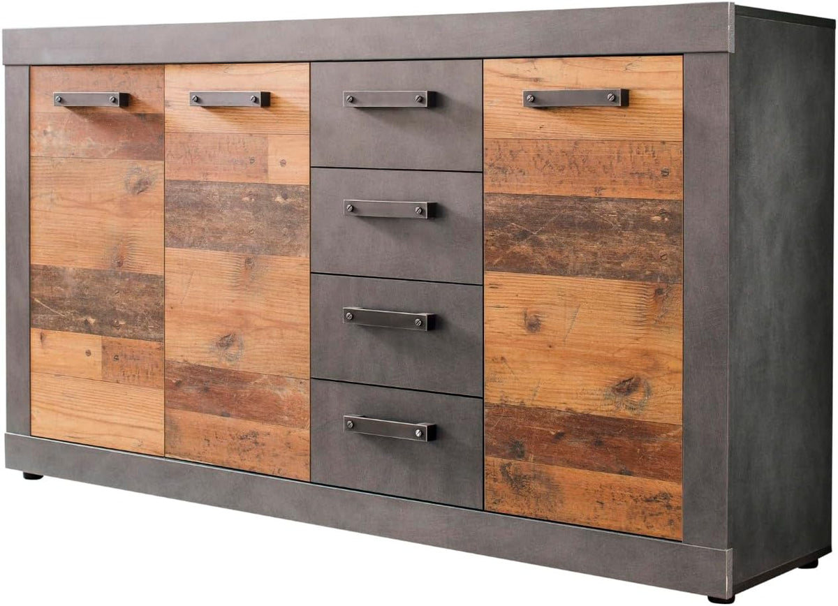trendteam smart living Sideboard, 151 x 86 x 37 cm, Grau/Braun, Indy - Kommode - Graphit Grau/Alteiche - 4 Schubladen