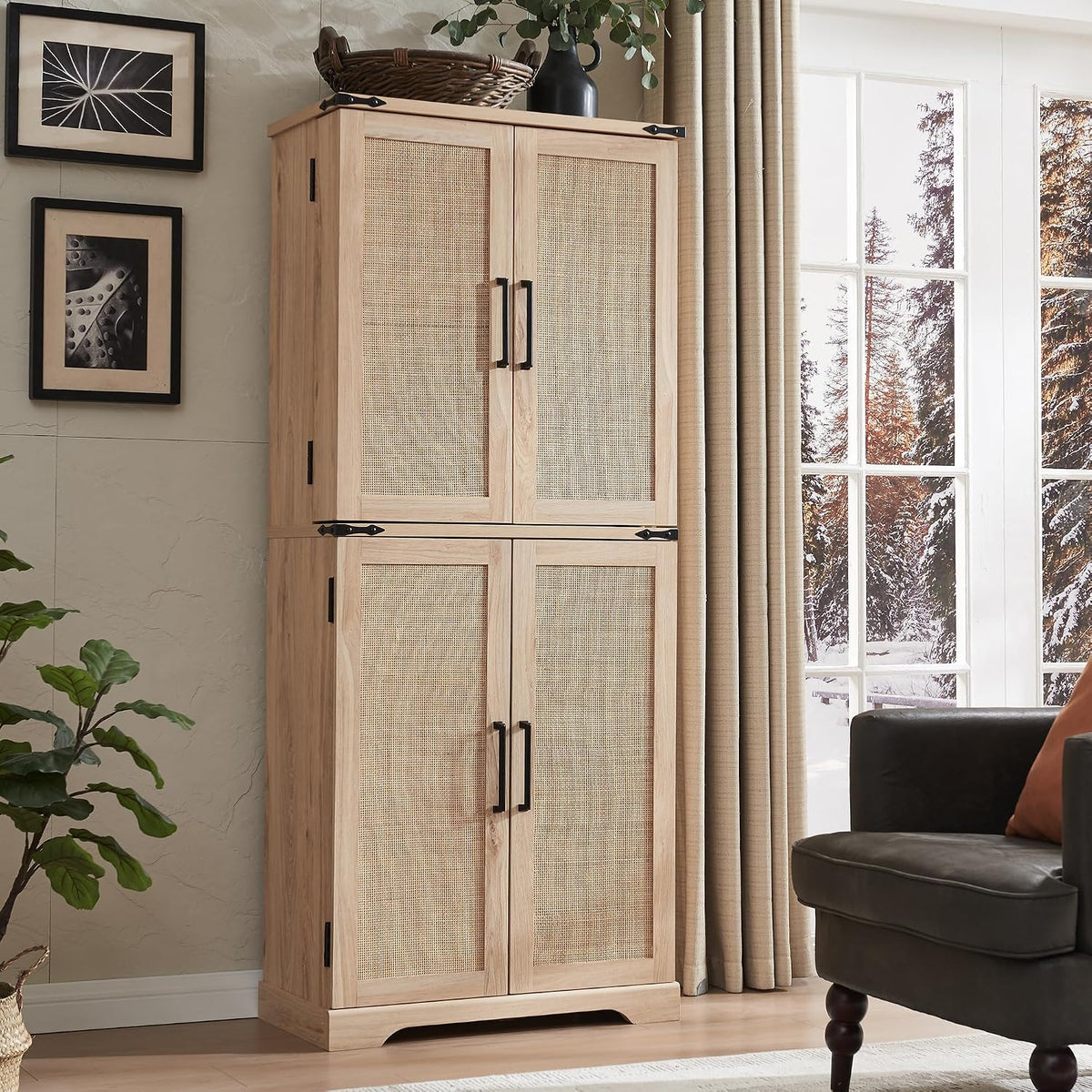 AetherWood Küche Haushalt & Wohnen,Möbel,Küche, 183 cm, Natur, Rattan Küchenschrank, hoher Vorratsschrank im Landhausstil