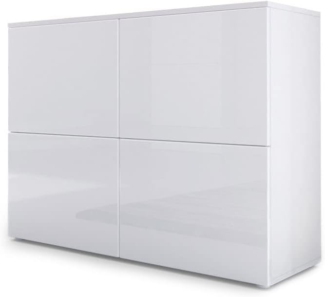Vladon Sideboard, 92 x 72 x 35 cm, Weiss/Weiss Hochglanz, Rova, Made in Germany, Kommode mit 4 Türen, Weiss matt/Weiss Hochglanz/Weiss Hochglanz