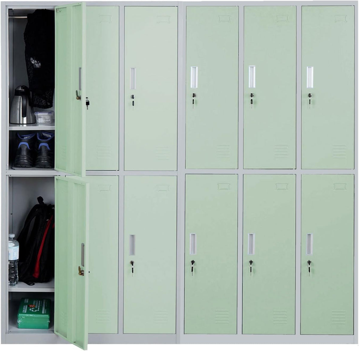 Mendler Aufbewahrungsschränke, Grün, Schliessfach Boston T829, Schliessfachschrank Wertfachschrank Spind, Metall 12 Fächer