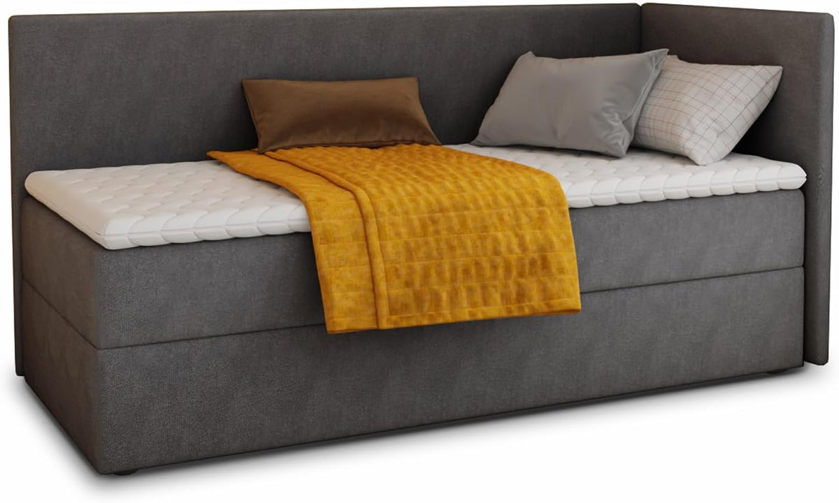 Sofnet Boxspringbett, 90 x 200 cm, Grau/Weiss/Gelb/Braun, Flame mit Bettkasten - Einzelbett mit Bonell-Matratze