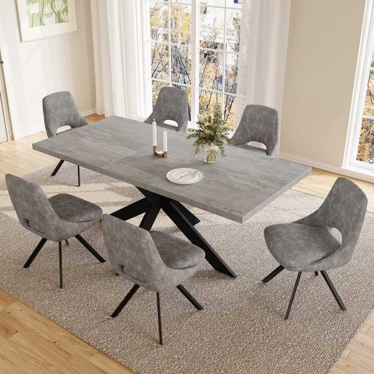 JIEXI Essgruppe, 170 cm, Grau/Schwarz, Essgruppen Für 4-6 Personen, Esstisch Ausziehbar Mit Stühlen, Moderner Grauer MDF-Holztisch