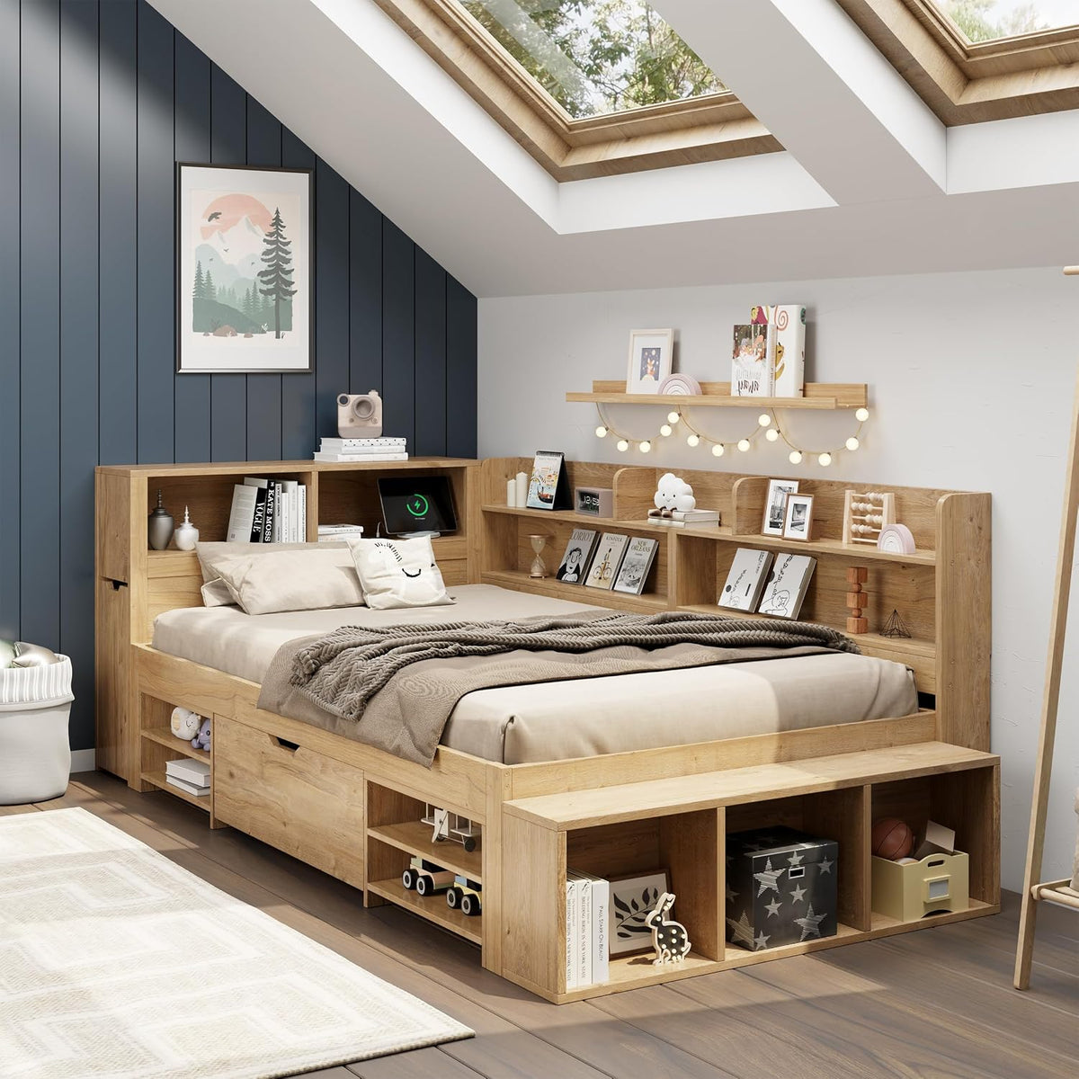 MOBETTRES Matratze, 200 cm, Natur, Kinderbett, Einzelbett, multifunktionales Kinderbett mit Schubladen, Bücherregal und Stauschrank