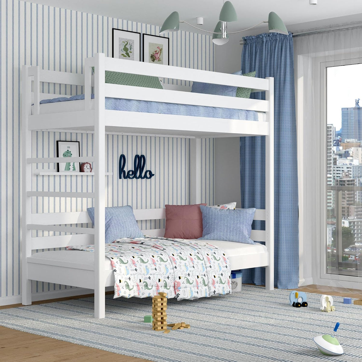 N-wood Bett, 90x200 cm, Weiss, N03 Etagenbett, Kinderbett mit Leiter, 2 Leitermontageseiten: Links oder rechts, sichere abgerundete Kanten