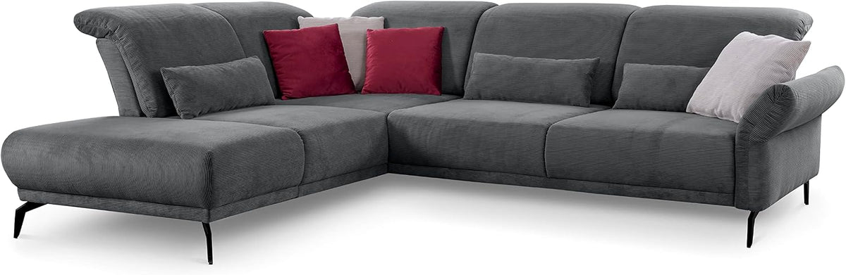 Sofa CAVADORE, Dunkelgrau/Bordeaux/Lichtgrau, Ecksofa Cooper / Luftige Eckcouch mit Ottomane links, Armteilverstellung
