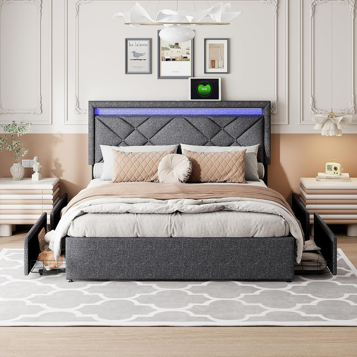 BRYXR Matratze, 160x200 cm, Dunkelgrau, Doppelbett, Polsterbett mit USB Ladefunktion und LED-Kopfteil, Bett mit 4 Schubladen
