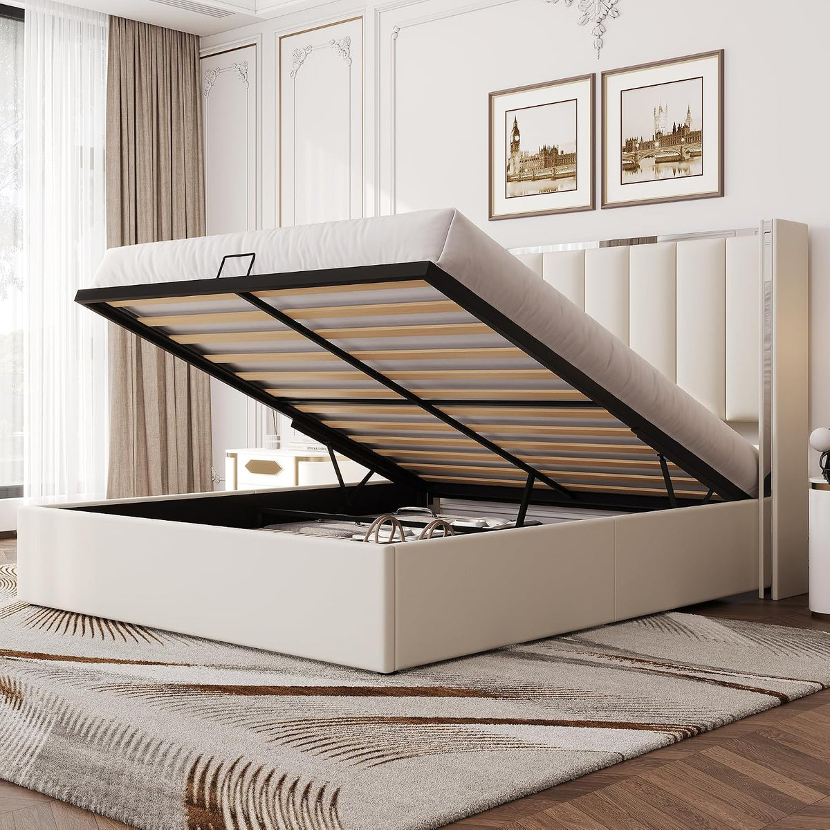 LUXOAK Bett, 140 x 200 cm, 115 cm, Cremeweiss, Polsterbett mit Bettkasten, hohes Kopfteil, Stauraum, Liftfunktion & Chrom-Design
