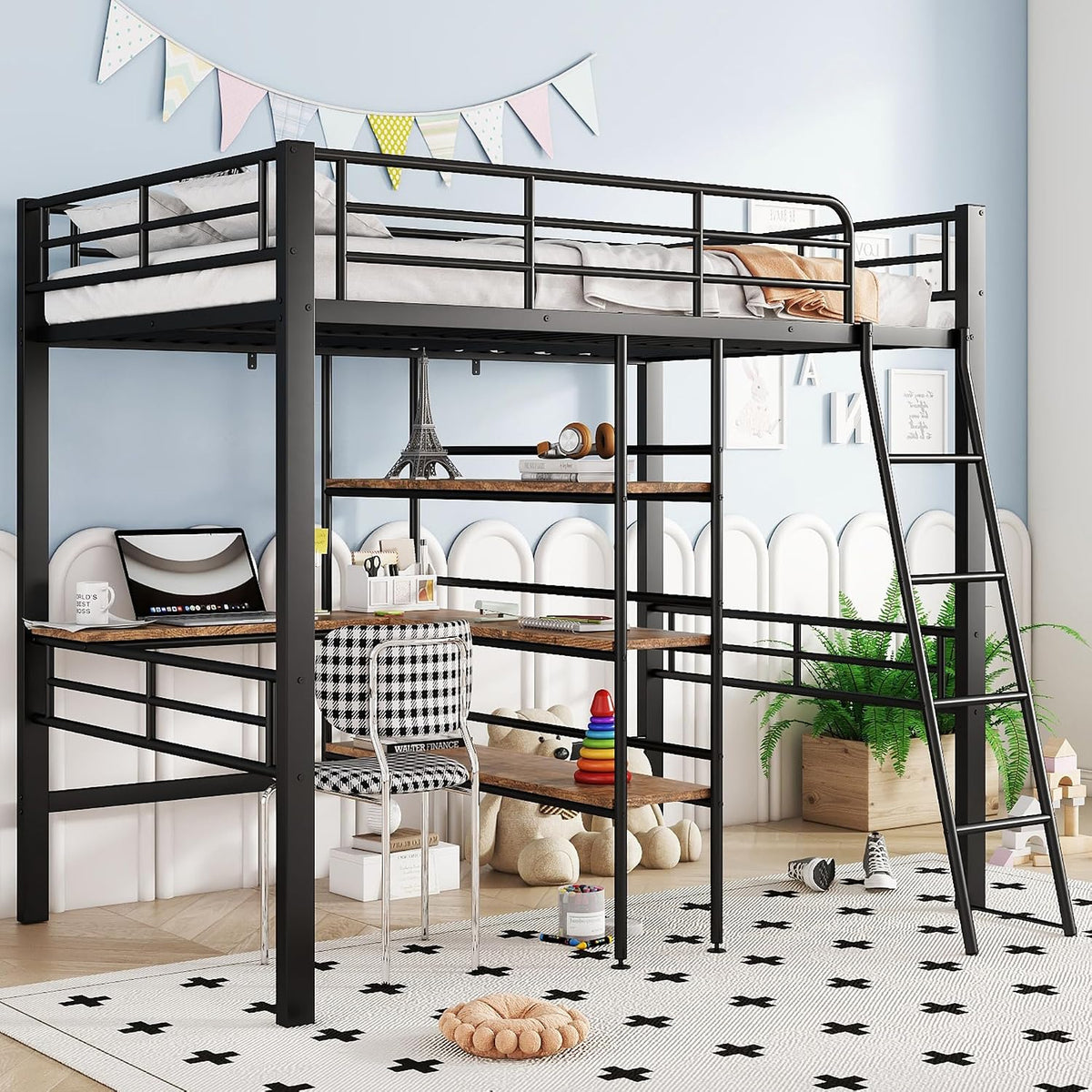 okwish Schreibtisch, 90x200 cm, Schwarz, Hochbett Metallbett Bettgestell mit Rausfallschutz, Kinderbett Eisenbett mit Schrägleiter