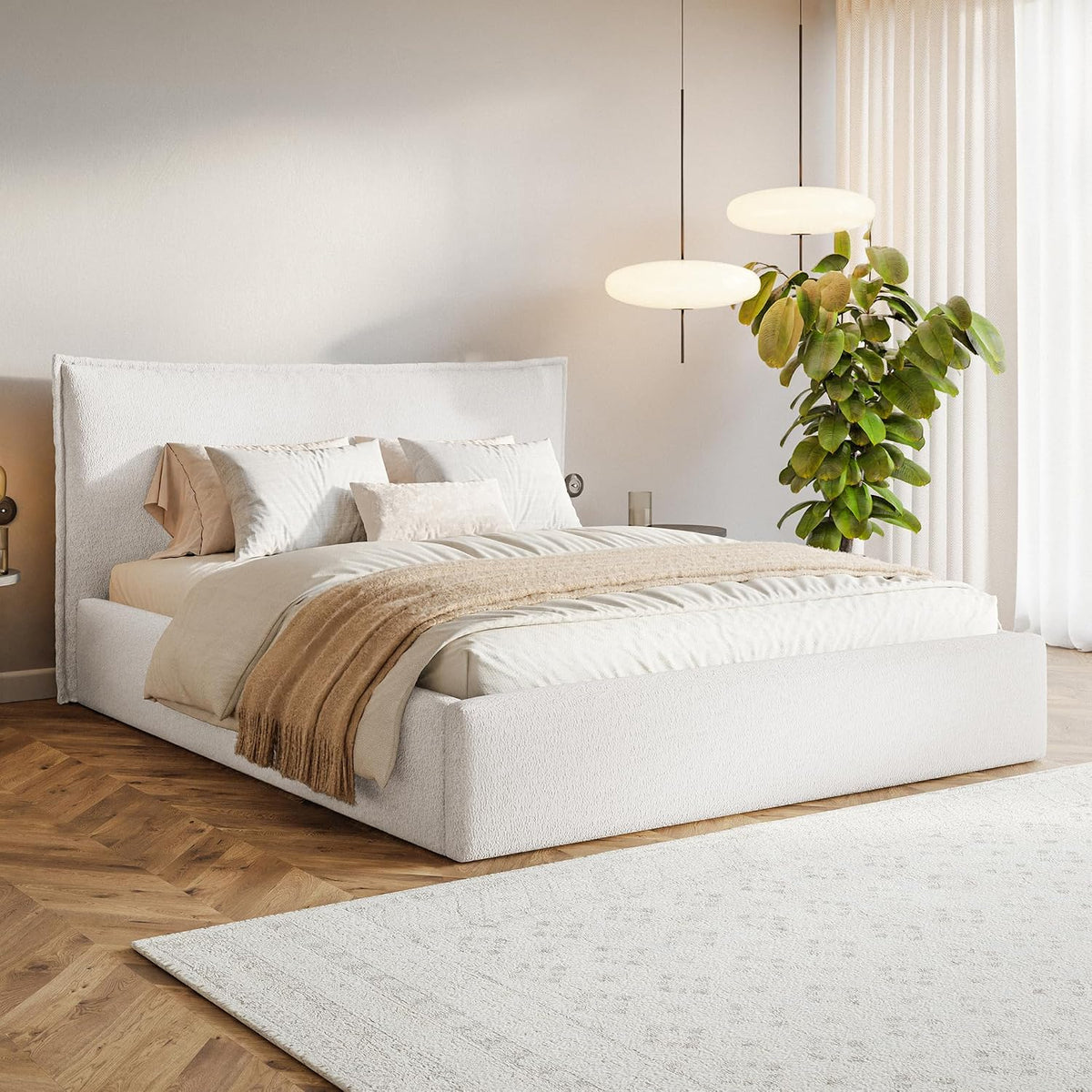 MOTIVENA Matratze, Weiss, Leno Bett 180x200 Boucle, mit Stauraum, mit Kopfteil, mit Lattenrost, ohne Füsse, ohne