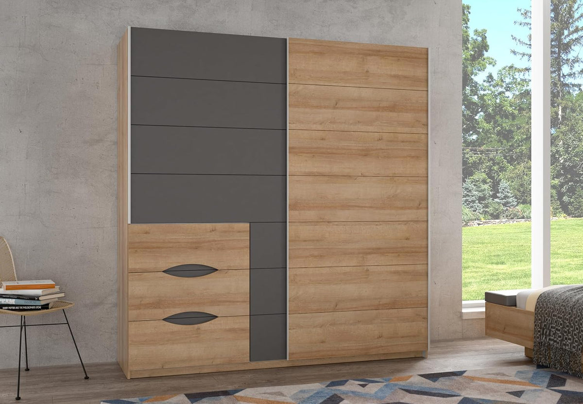 Kleiderschrank Forte, 200 cm, 210 cm, 61 cm, Eiche/Grau, INVERELL Schrank 200, Schwebetürenschrank Industrial Schlafzimmer 2-türig mit 3