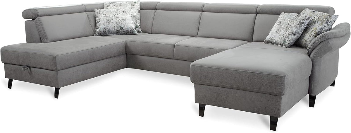 CAVADORE Sofa, Hellgrau, Wohnlandschaft Ammerland mit Federkern, U-Form mit Ottomane links und Longchair rechts
