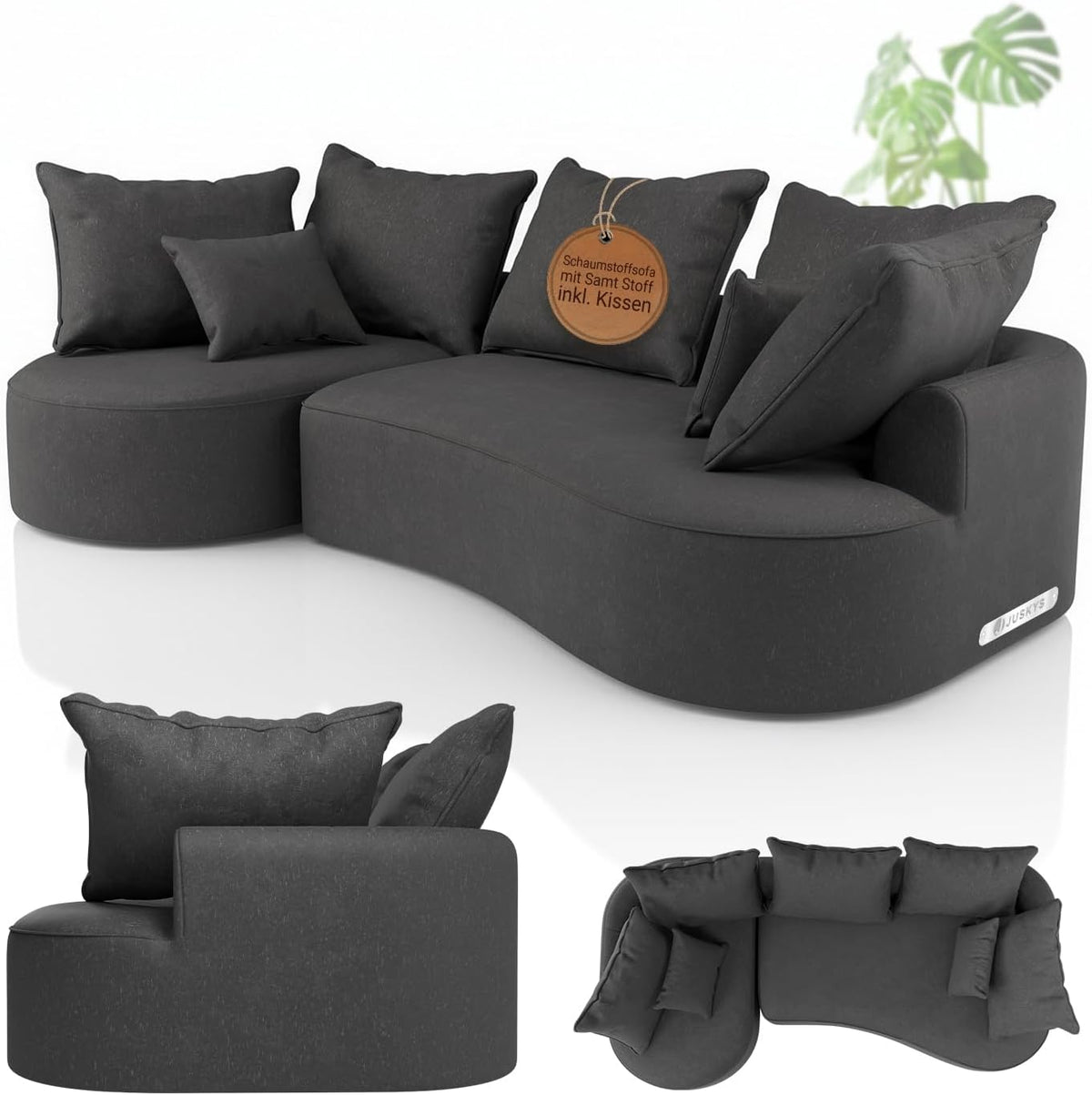 Juskys Sofa, Grau, Tirano - Samt, Ecksofa mit L-Form, mit Rücken- & Dekokissen, 4-Sitzer Eckcouch, Schaumstoff - Ottomane Links