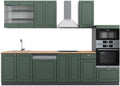 Vicco Küchenzeile, 300 cm, Grün/Gold/Anthrazit/Eiche, Fame-Line, Grün-Gold Landhaus/Anthrazit, mit Hochschrank