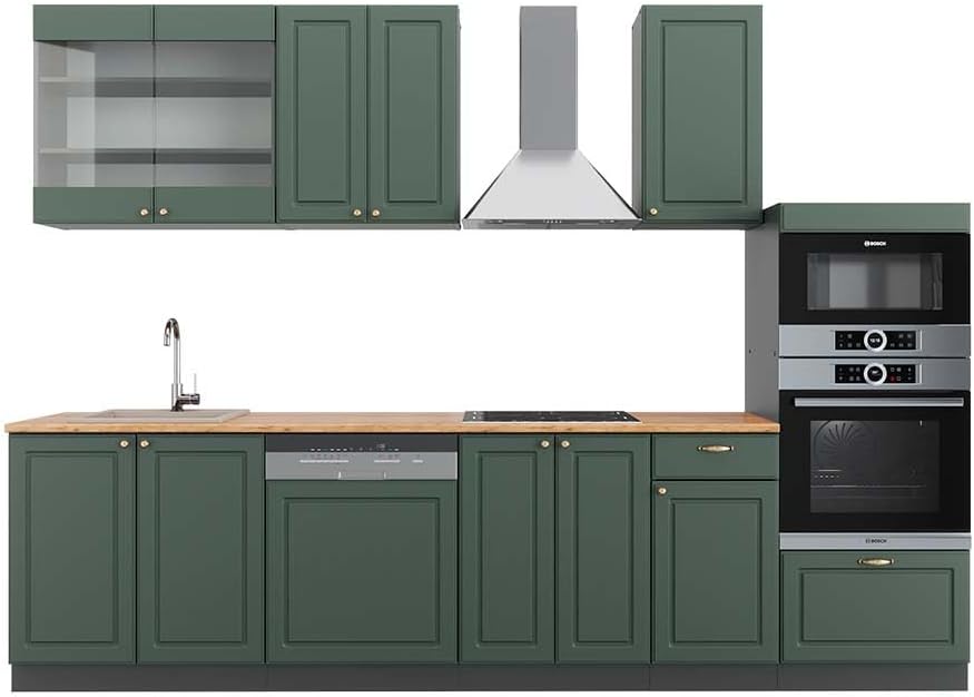 Vicco Küchenzeile, 300 cm, Grün/Gold/Anthrazit/Eiche, Fame-Line, Grün-Gold Landhaus/Anthrazit, mit Hochschrank