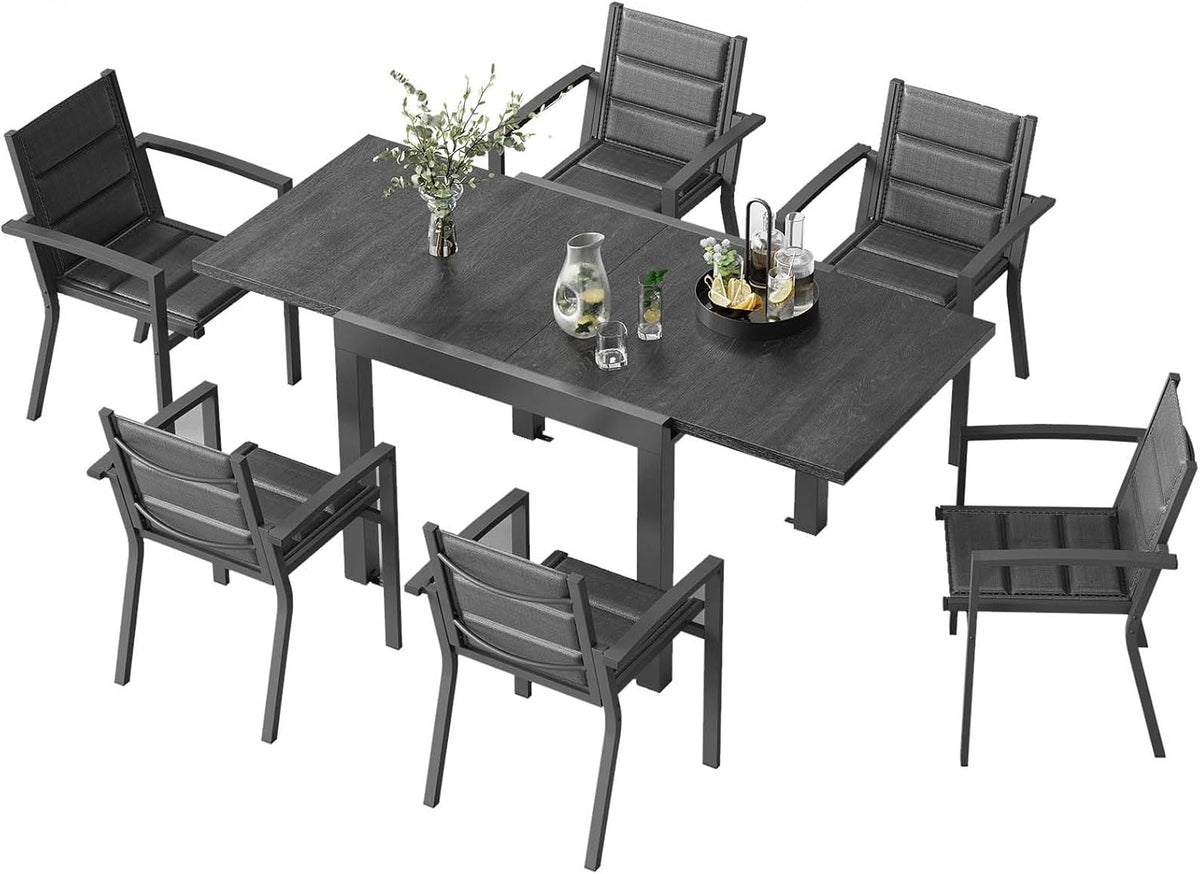 Gartenmöbel-Set TRIUMPHKEY, 160 cm, Dunkelgrau, 6 Personen aus Aluminium, 1 Ausziehbarer Tisch (80- ) & 6 stapelbare Stühle Balkon