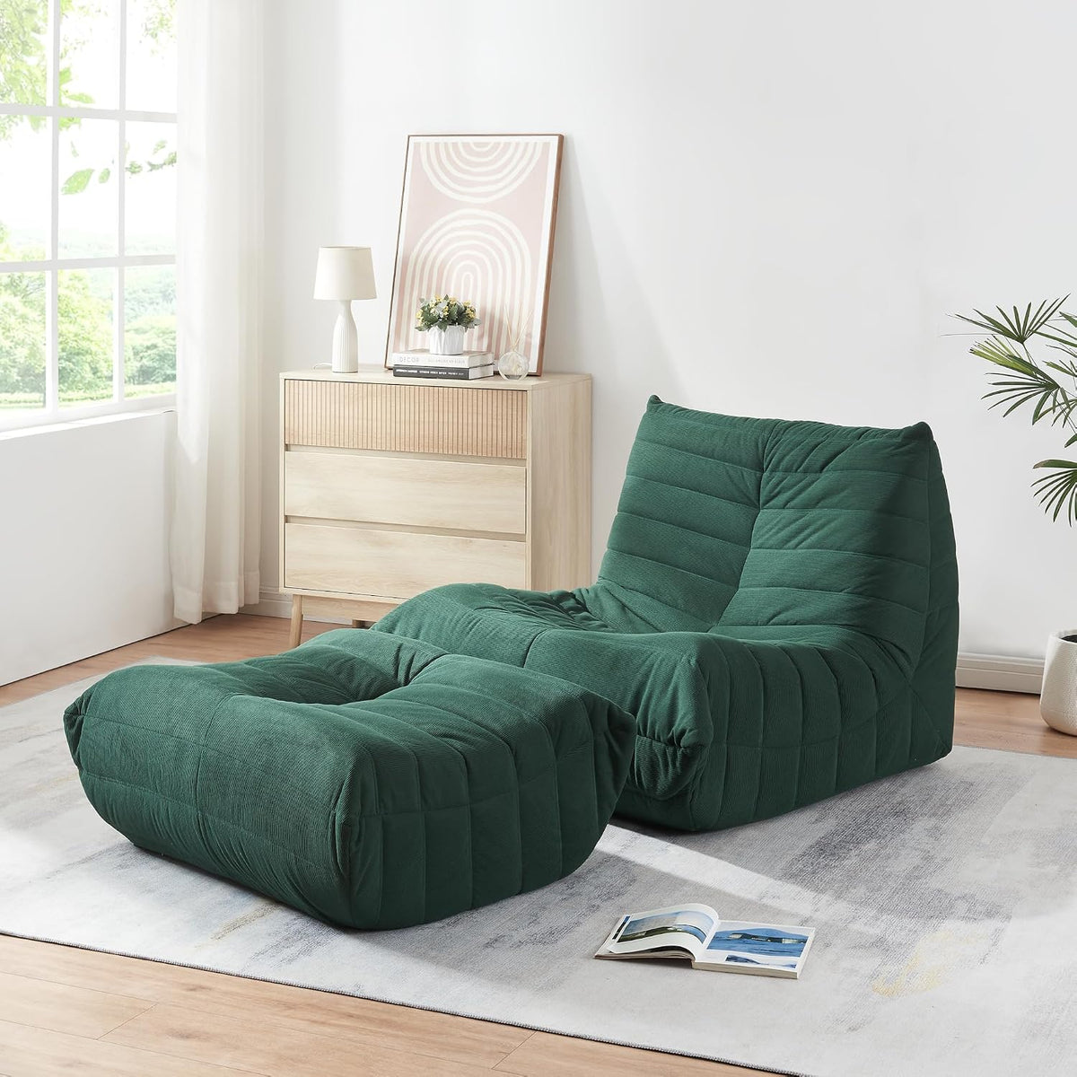 [en.casa] Relaxsessel, 75 x 90 x 100 cm, Grün, Bodensessel mit Fusshocker Kodsø Cord Bodenstuhl
