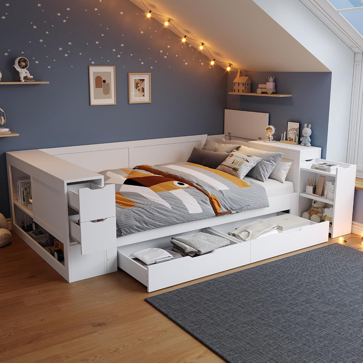 RIAZOS Matratze, 140x200 cm, Weiss, Kinderbett, Doppelbett mit Regalen und Stauschrank, Stauraumbett mit Schubladen