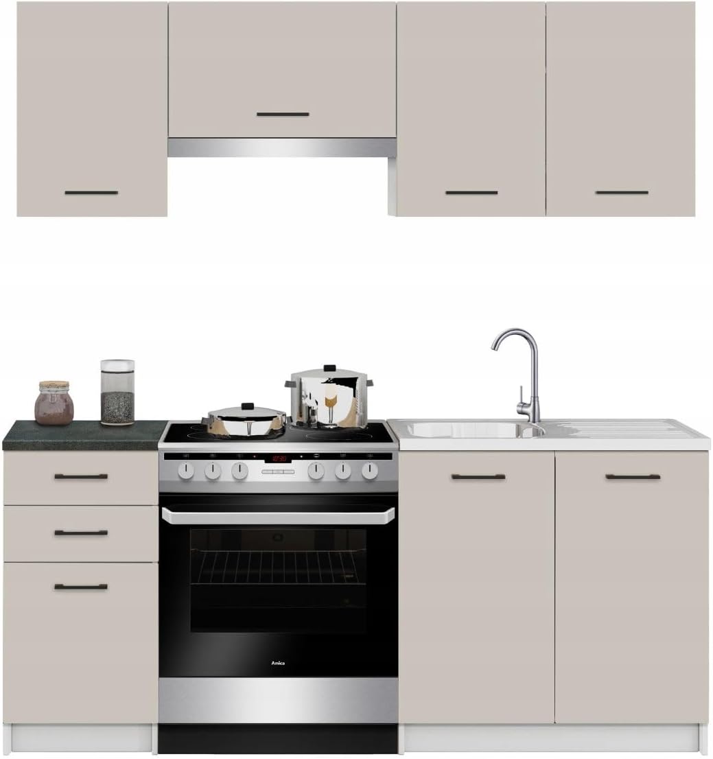 Laclar Küchenzeile, 180 cm, Kaschmir/Schwarz/Silber, Funktionale Küchenmöbel - Kaschmir mit District Dark