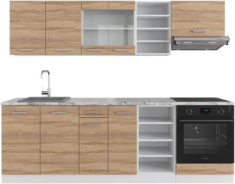 Vicco Küchenzeile, 240 cm, Der Küchenblock besteht aus pflegeleichter Spanplatte 16 mm, mit einer Melaminharzbeschichtung, Sonoma/Weiss