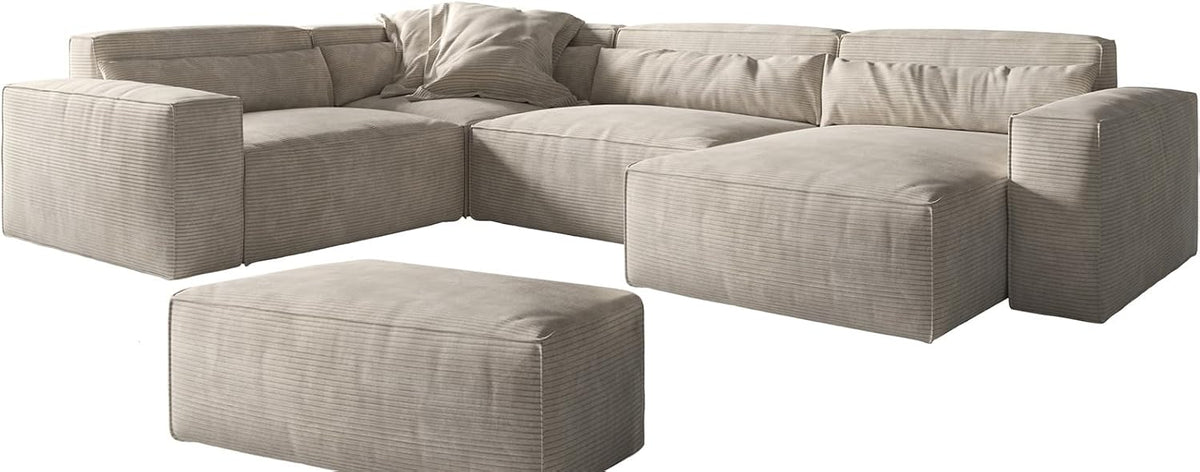 Sofagarnituren DELIFE, 300x210 cm, Beige, Wohnlandschaft Sirpio Cord Recamiere variabel mit Hocker