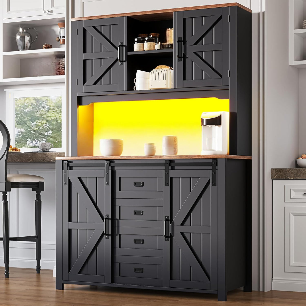 Gxffipw Buffetschrank, 174.7 cm, Schwarz/Braun, Küchenschrank Höhe mit LED Licht und 2 Schubladen, Hochschrank Vorratsschrank mit Schiebetüren