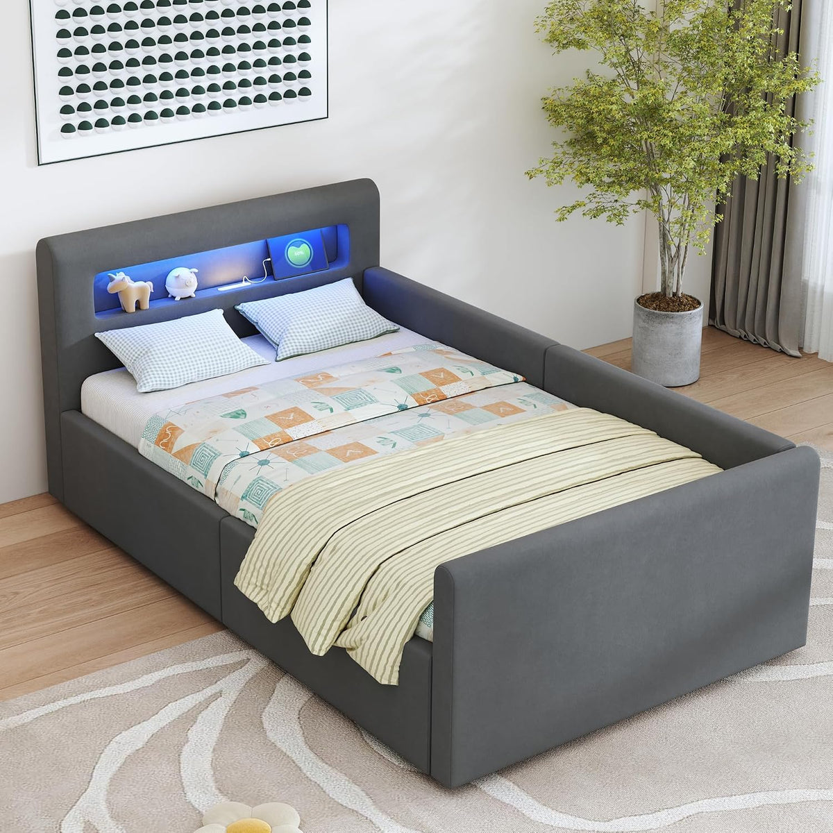 okwish Matratze, 90x200 cm, Dunkelgrau, Polsterbett Kinderbett, Jugendbett mit hydraulischem Stauraum, LED Nachtlicht & USB-Anschluss