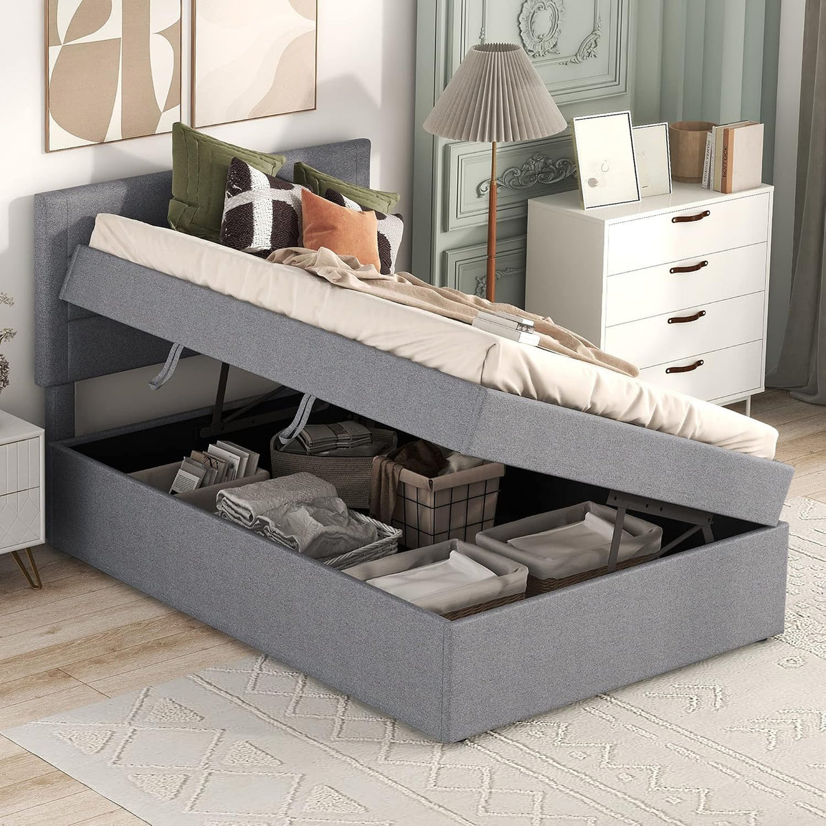KUAKE Boxspringbett, 90x200 cm, Leinen, Grau, Polsterbett 90x200, Doppelbett mit Lattenrost aus Metallrahmen, Bett mit Grosser Stauraum und Kopfteil