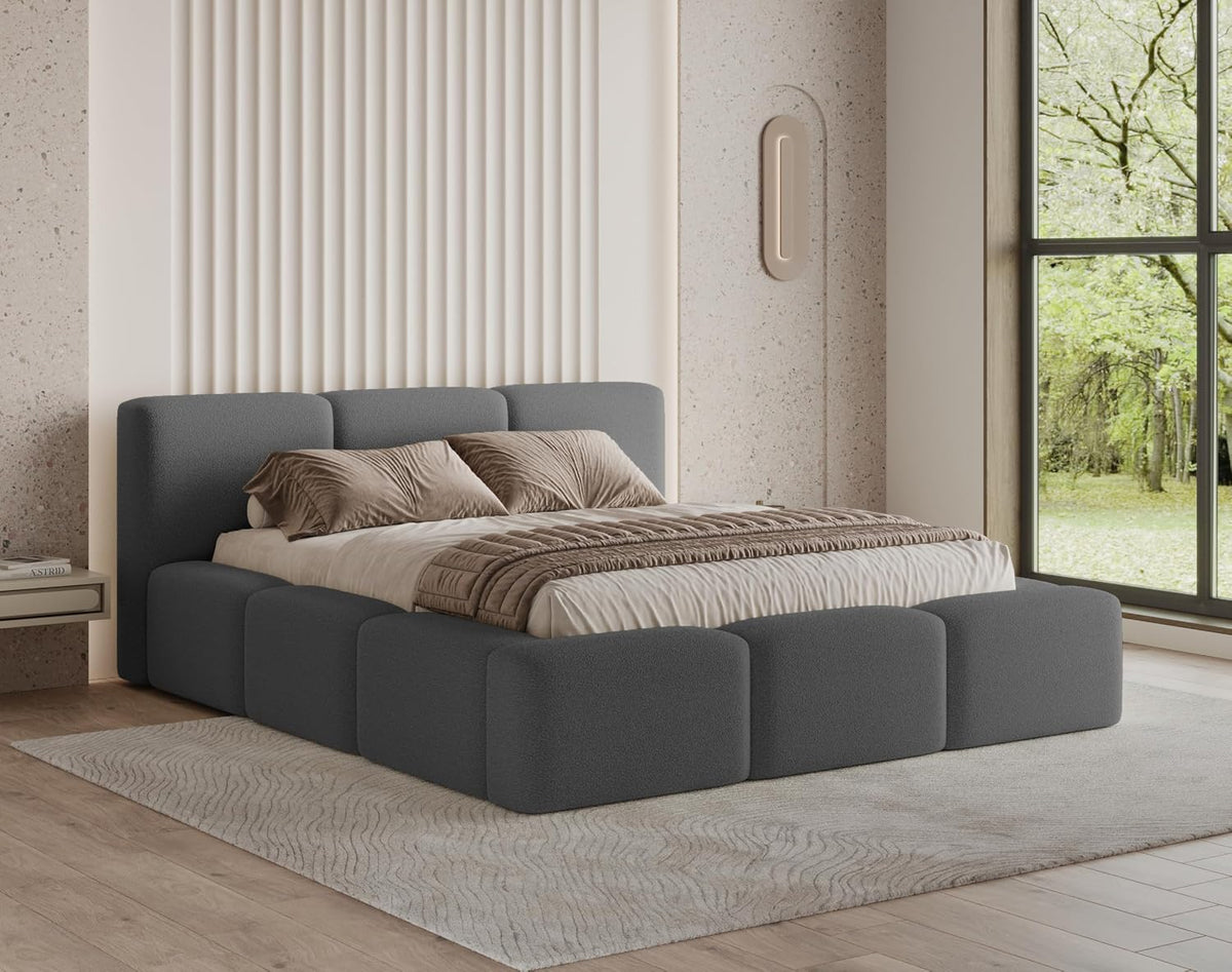 Chilly. Bett, Dunkelgrau, Design Como - Polsterbett 140x200 mit Bettkasten, Lattenrost und Kopfteil - Eleganter Bouclé-Stoffbezug