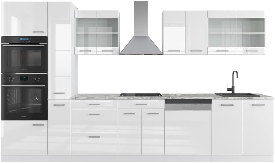Vicco Küchenzeile, 350 cm, Der Küchenblock besteht aus pflegeleichter Spanplatte 16 mm, mit einer Melaminharzbeschichtung, Weiss/Silber